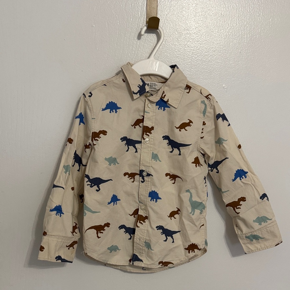 H&M Kids Tan Dinosaur Print Button Down Shirt